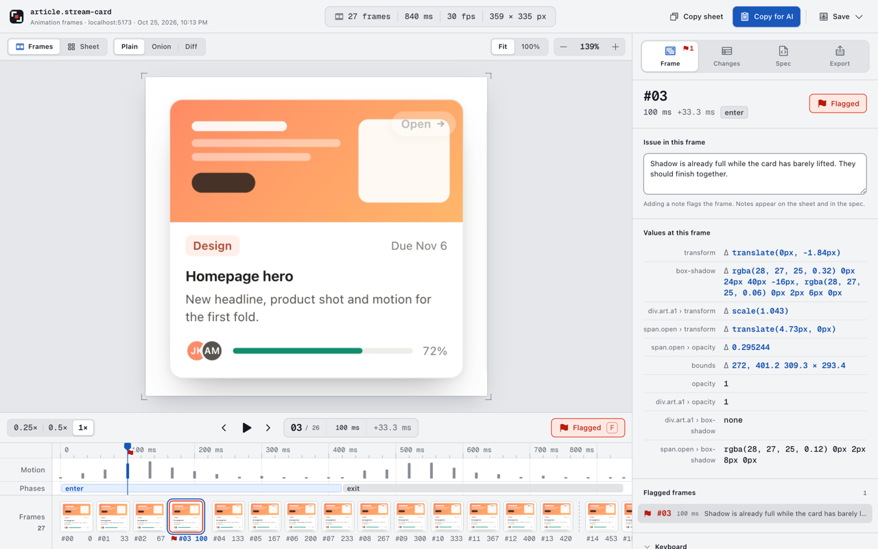 The editor showing frame 3 at 100 ms, flagged with a note and the CSS values at that frame.
