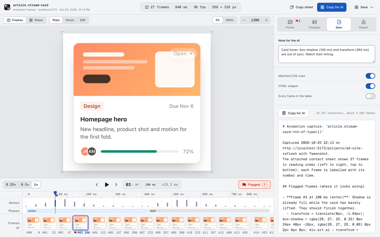 The Spec tab with a note for the AI and the Markdown spec ready to copy.
